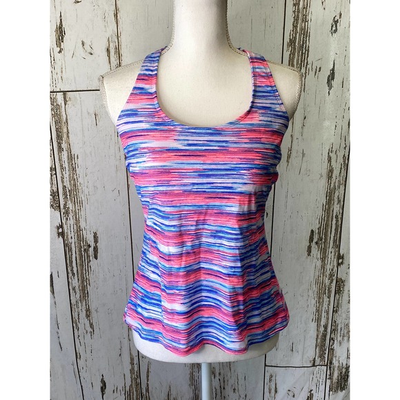 ZELOS Swim Zelos Neon Pink Blue And Teal Stripe Razorback Tankini